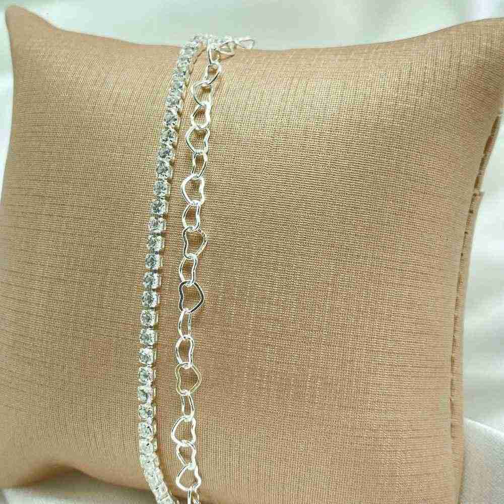 PULSEIRA DUPLA CORA��O E PEDRINHAS PRATEADO FOLHEADO - COM BRINDE 